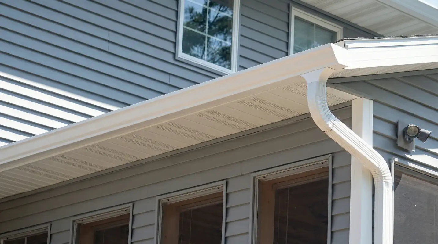 Professional home remodeling project showing newly installed white seamless gutters and downspouts on a house with gray siding in Arlington, TX