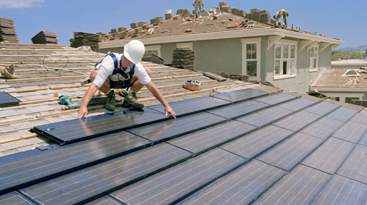 Roof replacement expert installing modern solar shingles on a residential home in Arlington, TX