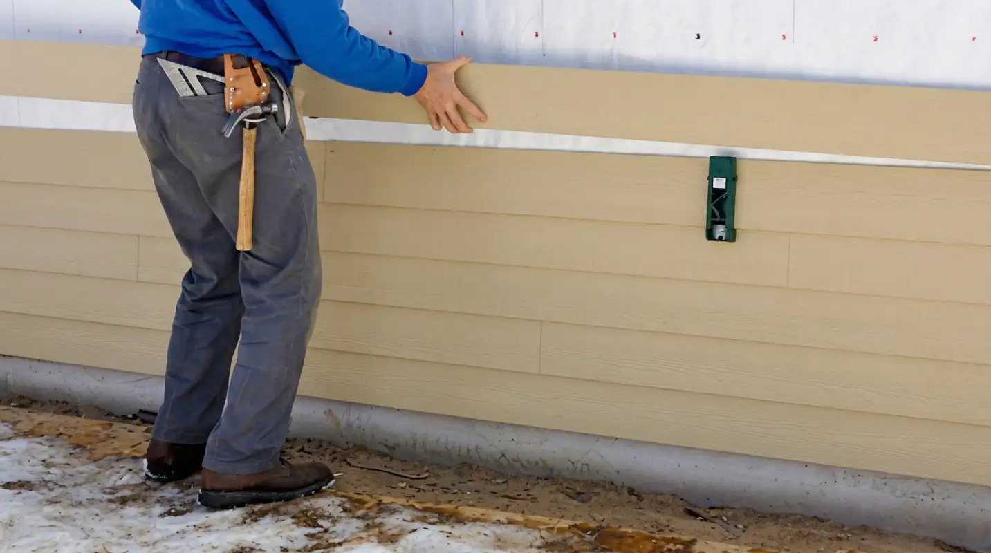 Siding replacement expert carefully aligning a new tan siding panel onto a residential exterior wall in Arlington, TX