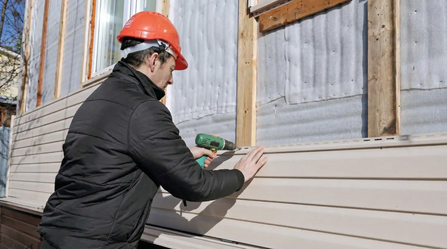 Siding replacement professional using a power drill to install new tan vinyl siding on a home exterior in Arlington, TX
