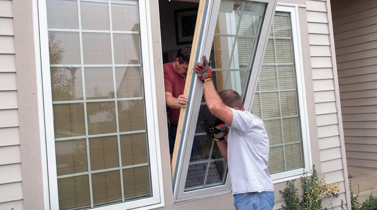 Professional home remodeling team installing a large replacement window on a house with tan siding in Arlington, TX