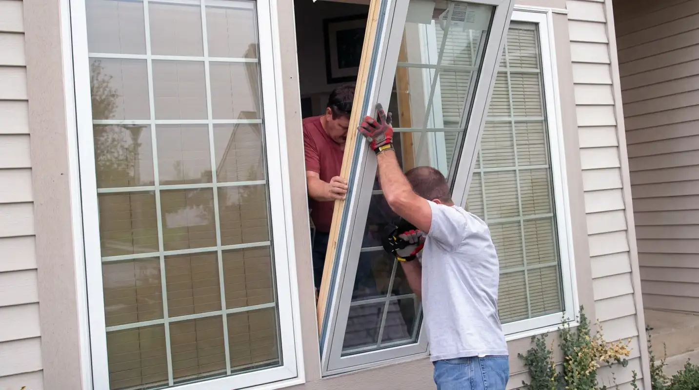 Professional home remodeling team installing a large replacement window on a house with tan siding in Arlington, TX